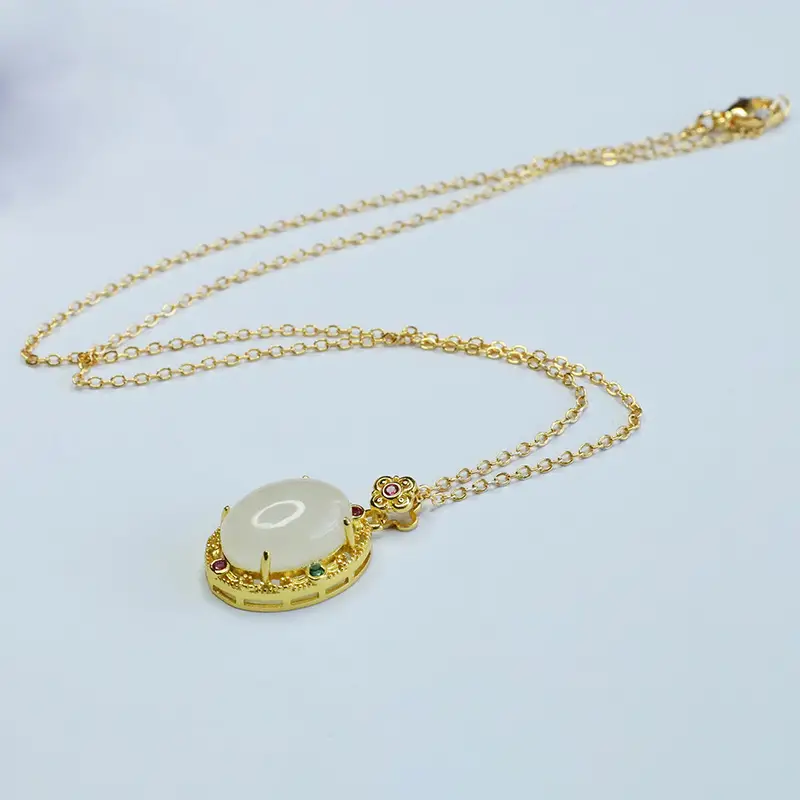 Guan Yu White Jade Pendant Necklace with Red Green Stones — feature 10