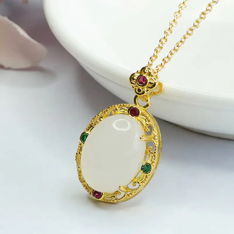 Guan Yu White Jade Pendant Necklace with Red Green Stones — feature 5