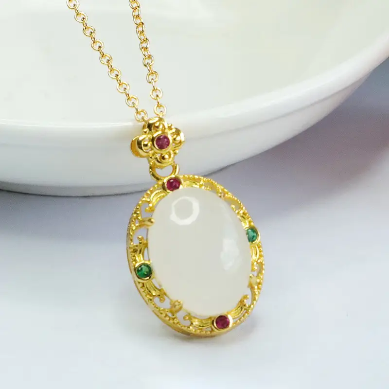 Guan Yu White Jade Pendant Necklace with Red Green Stones — feature 6