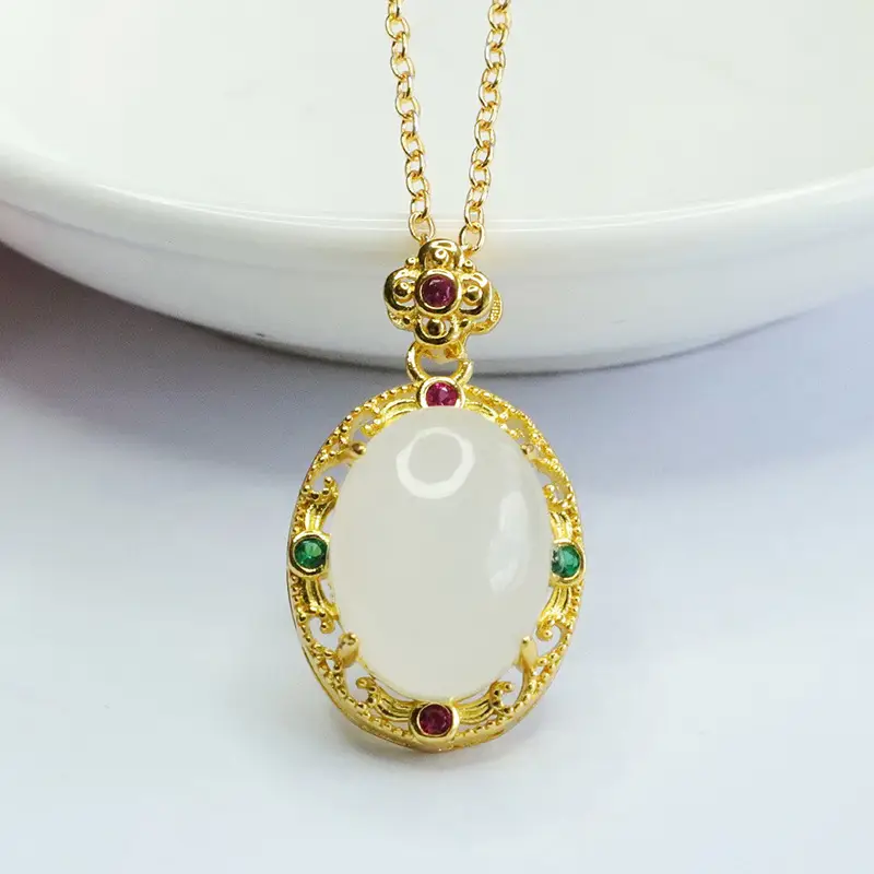 Guan Yu White Jade Pendant Necklace with Red Green Stones - Image 2