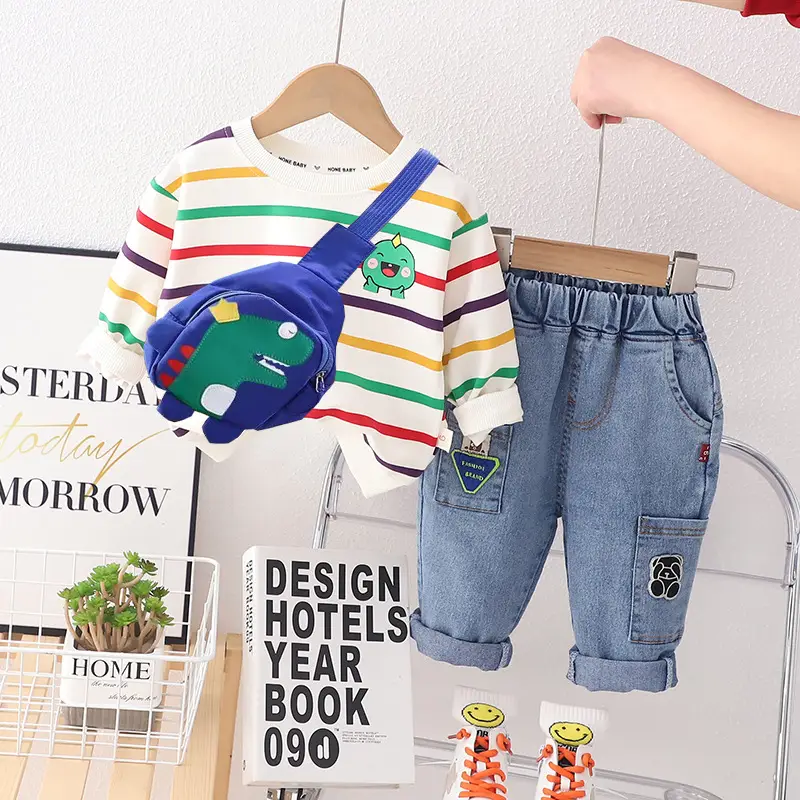 Children's Striped T-Shirt with Blue Backpack Set - Image 4
