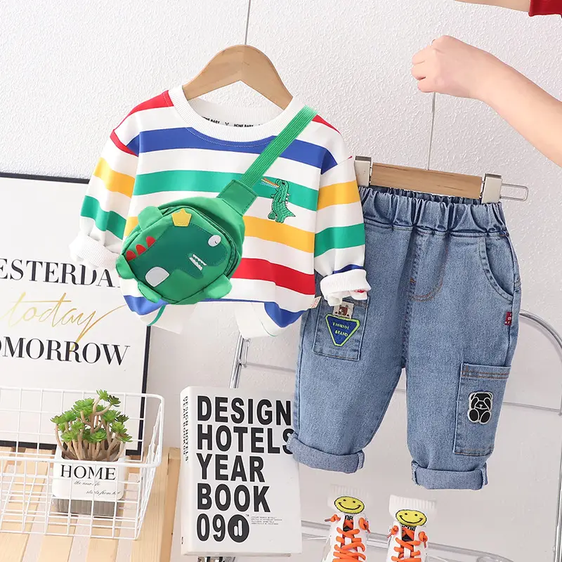 Children's Striped T-Shirt with Blue Backpack Set - Image 5