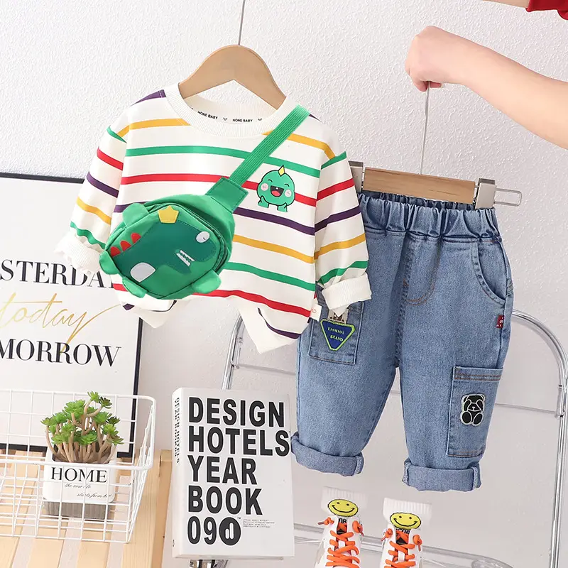 Children's Striped T-Shirt with Blue Backpack Set - Image 6