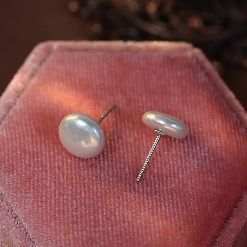 Natural Freshwater Pearl Button Earrings S925 Silver - Image 2