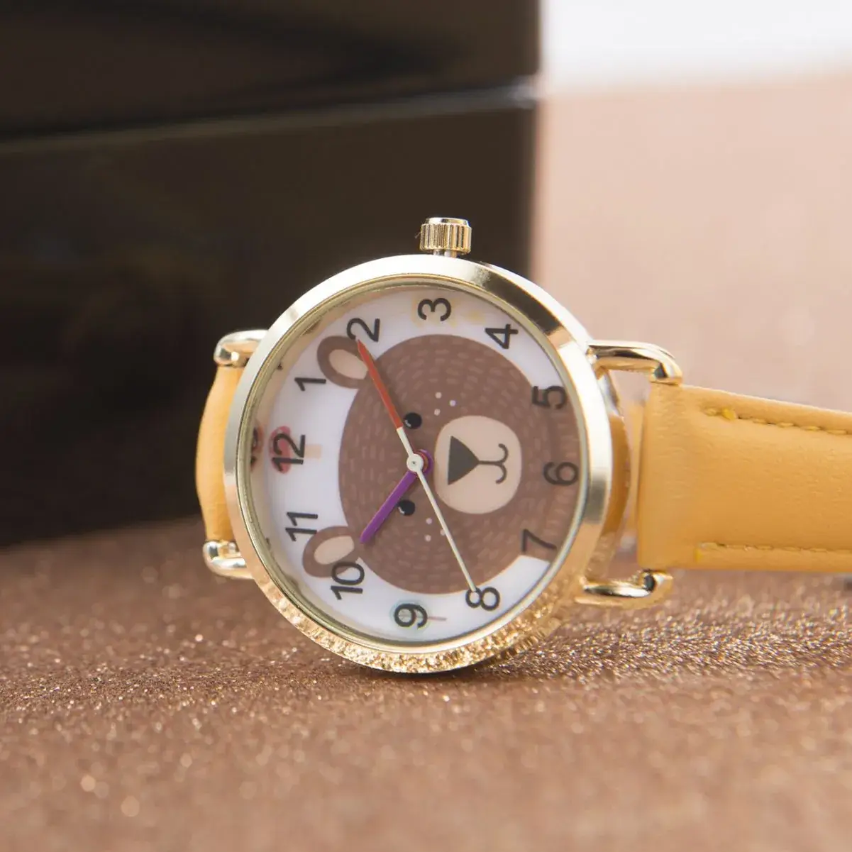 Cartoon Bear Quartz Watch for Kids Brown Leather Band - Image 3