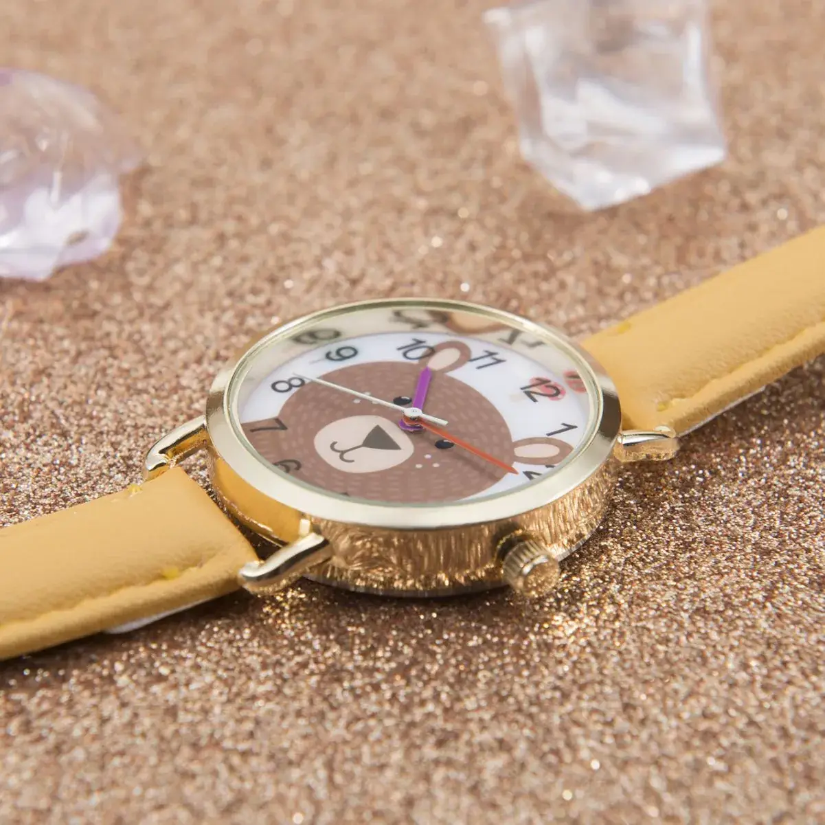 Cartoon Bear Quartz Watch for Kids Brown Leather Band - Image 4