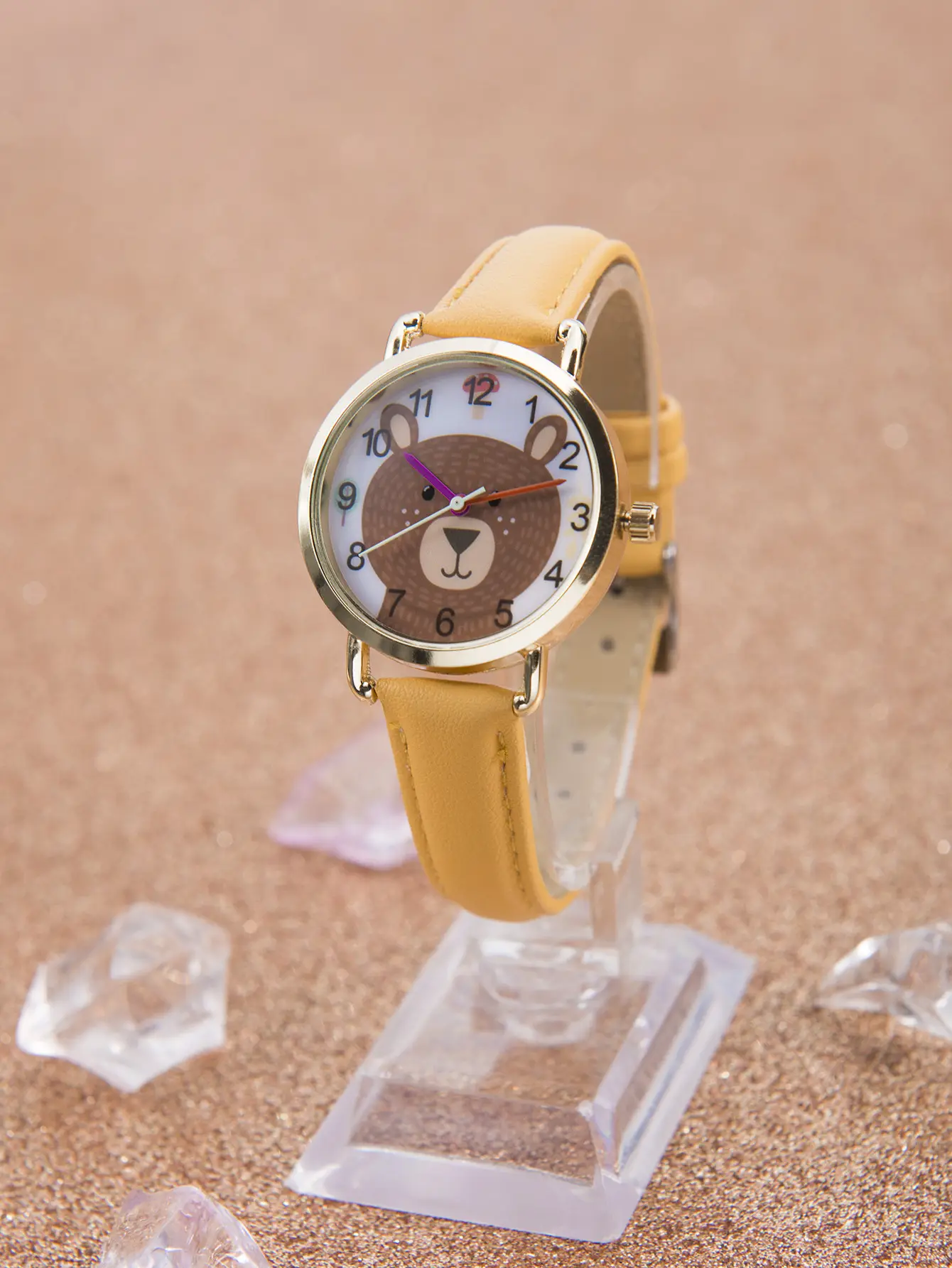 Cartoon Bear Quartz Watch for Kids Brown Leather Band — feature 2