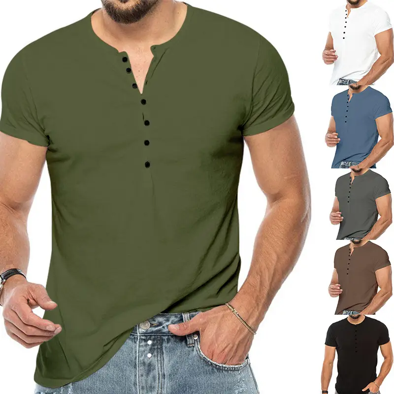 Men V-Neck Slim Fit Black T-Shirt Button Half Sleeve - Image 6