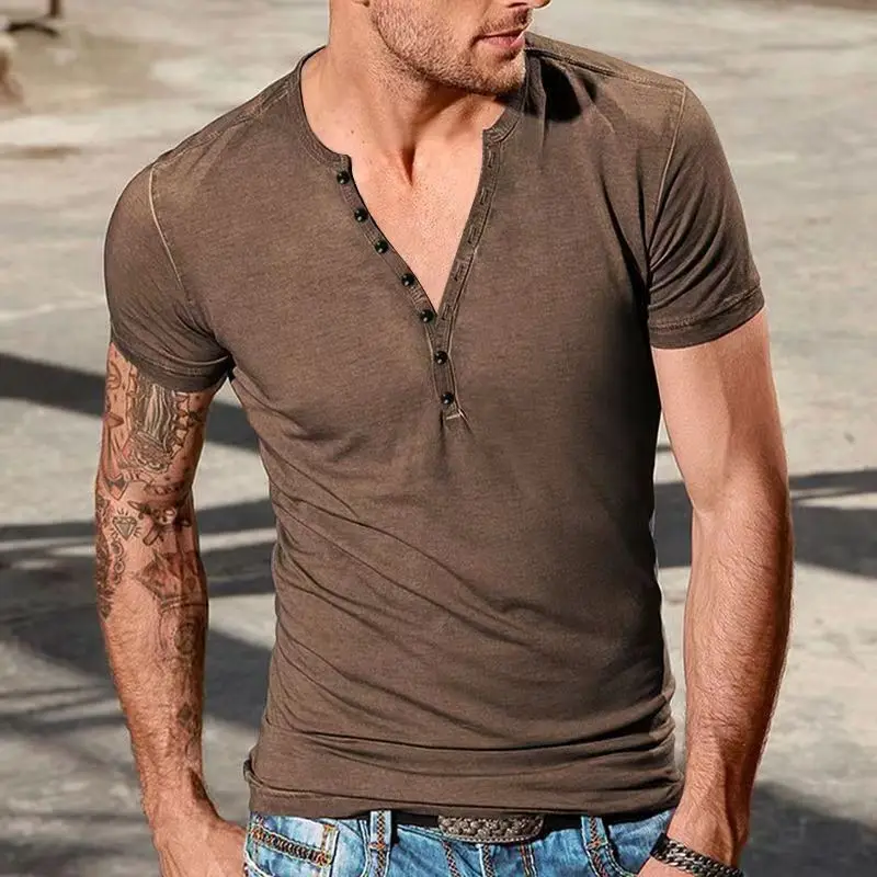 Men V-Neck Slim Fit Black T-Shirt Button Half Sleeve - Image 8