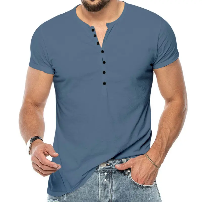 Men V-Neck Slim Fit Black T-Shirt Button Half Sleeve - Image 9