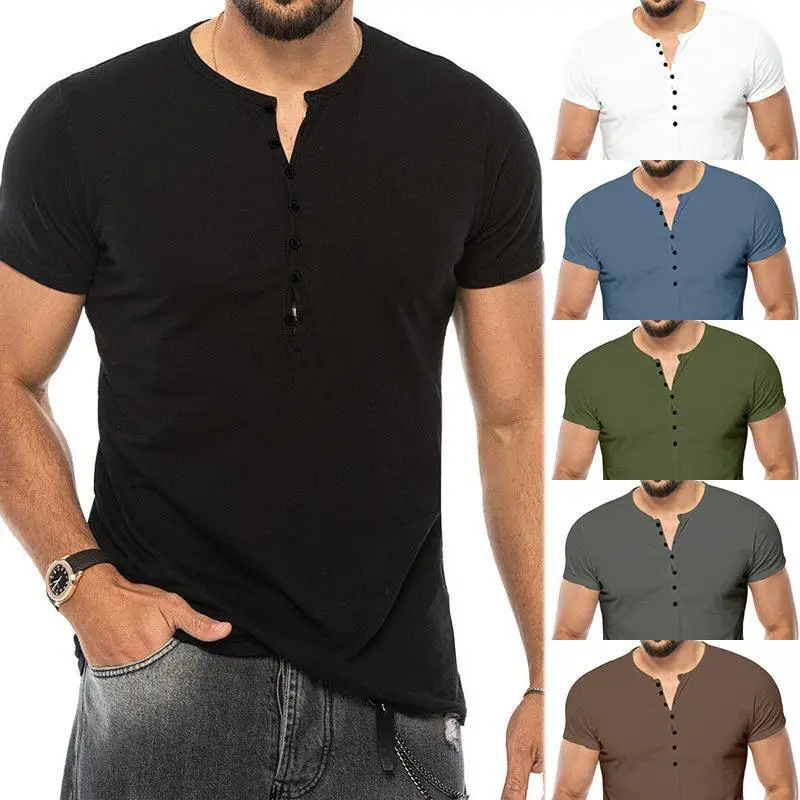 Men V-Neck Slim Fit Black T-Shirt Button Half Sleeve — feature 5