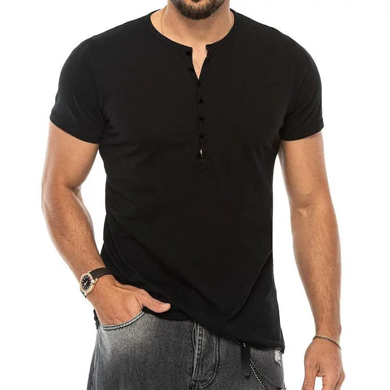Men V-Neck Slim Fit Black T-Shirt Button Half Sleeve — feature 9