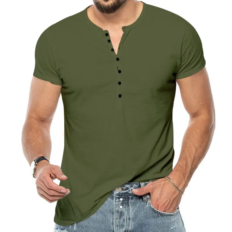 Men V-Neck Slim Fit Black T-Shirt Button Half Sleeve - Image 2