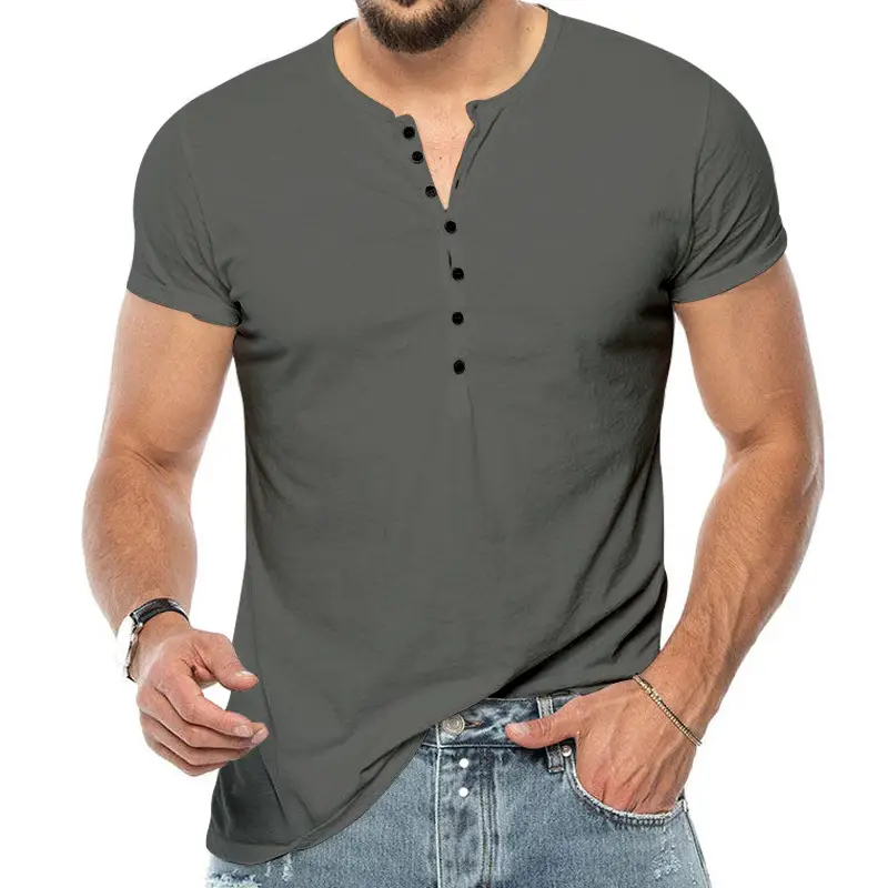 Men V-Neck Slim Fit Black T-Shirt Button Half Sleeve - Image 4