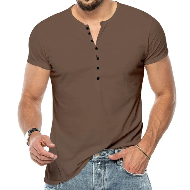 Men V-Neck Slim Fit Black T-Shirt Button Half Sleeve - Image 5