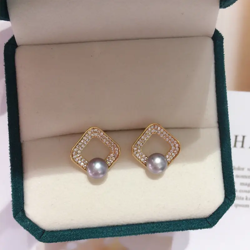 Natural Pearl Earrings 18K Gold Light Square Micro Zircon - Image 4