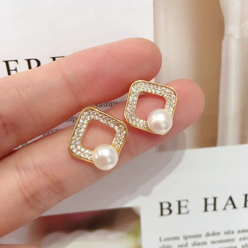 Natural Pearl Earrings 18K Gold Light Square Micro Zircon - Image 5