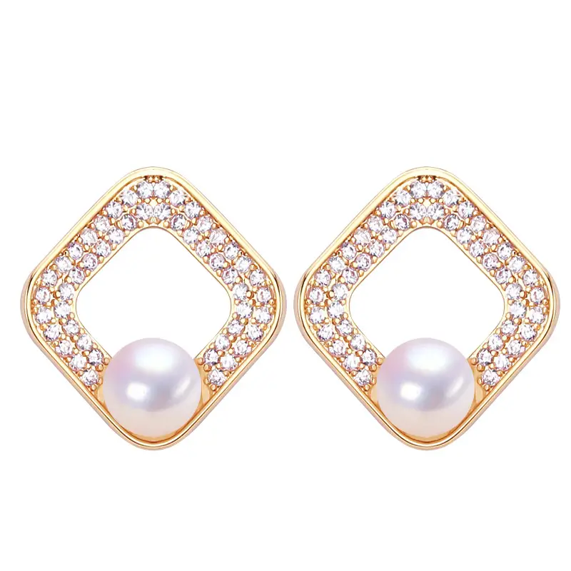 Natural Pearl Earrings 18K Gold Light Square Micro Zircon - Image 7
