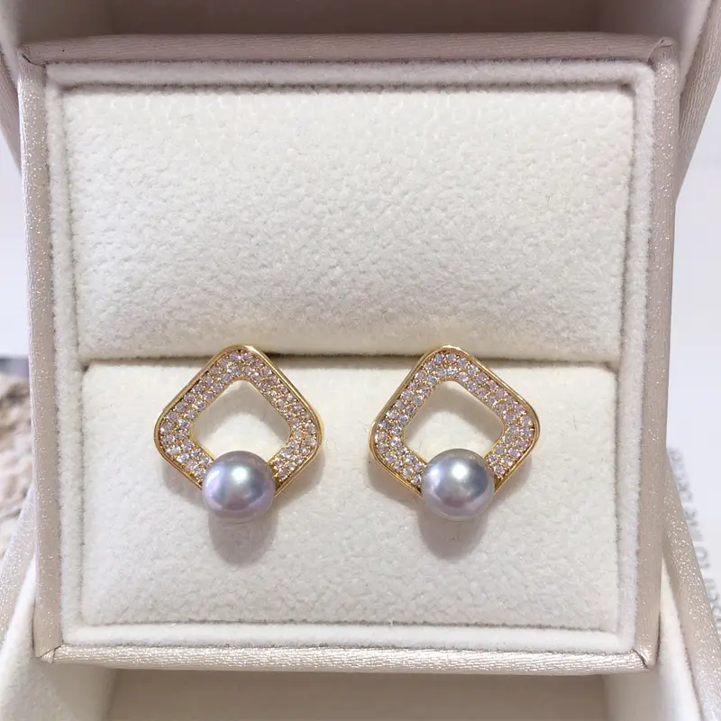 Natural Pearl Earrings 18K Gold Light Square Micro Zircon - Image 2