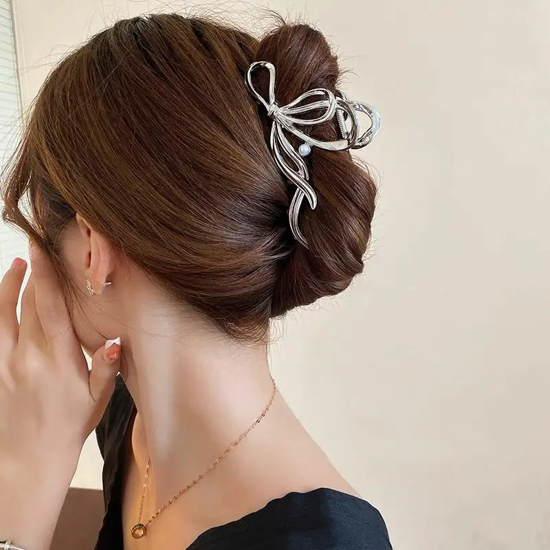 Women's Silver Bowknot Hair Clip with Tail Design - Image 3