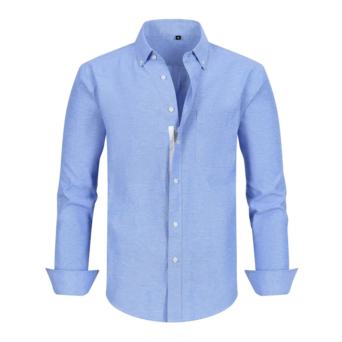Men's Blue Oxford Zipper Shirt Long Sleeve Business Casual - Image 3