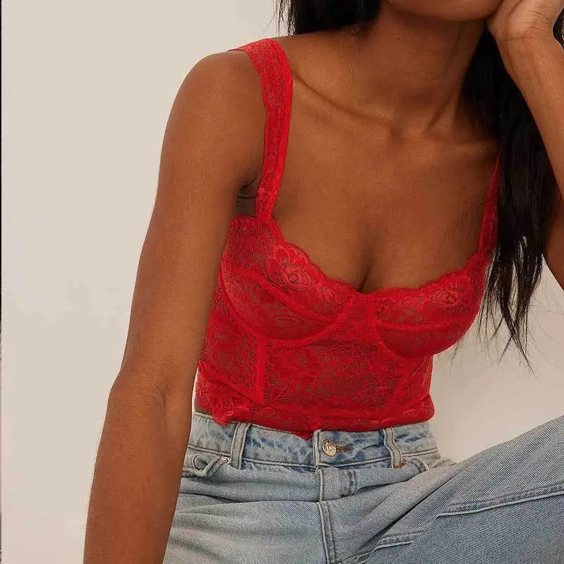 Red Lace Corset Wide Band Summer Top — feature 13