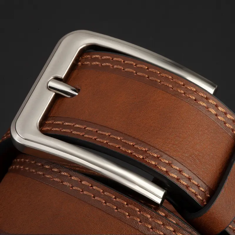 Men's Brown Leather Belt with Silver Pin Buckle - Image 6