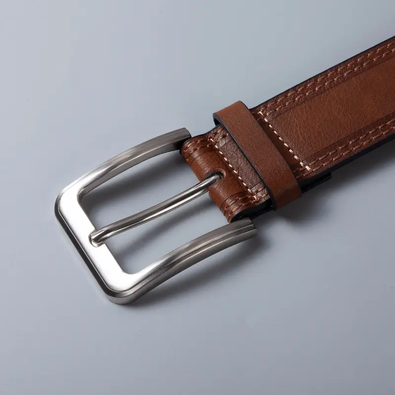 Men's Brown Leather Belt with Silver Pin Buckle - Image 7