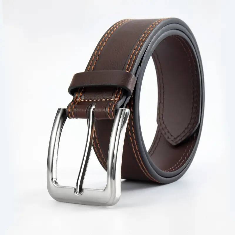 Men's Brown Leather Belt with Silver Pin Buckle - Image 3
