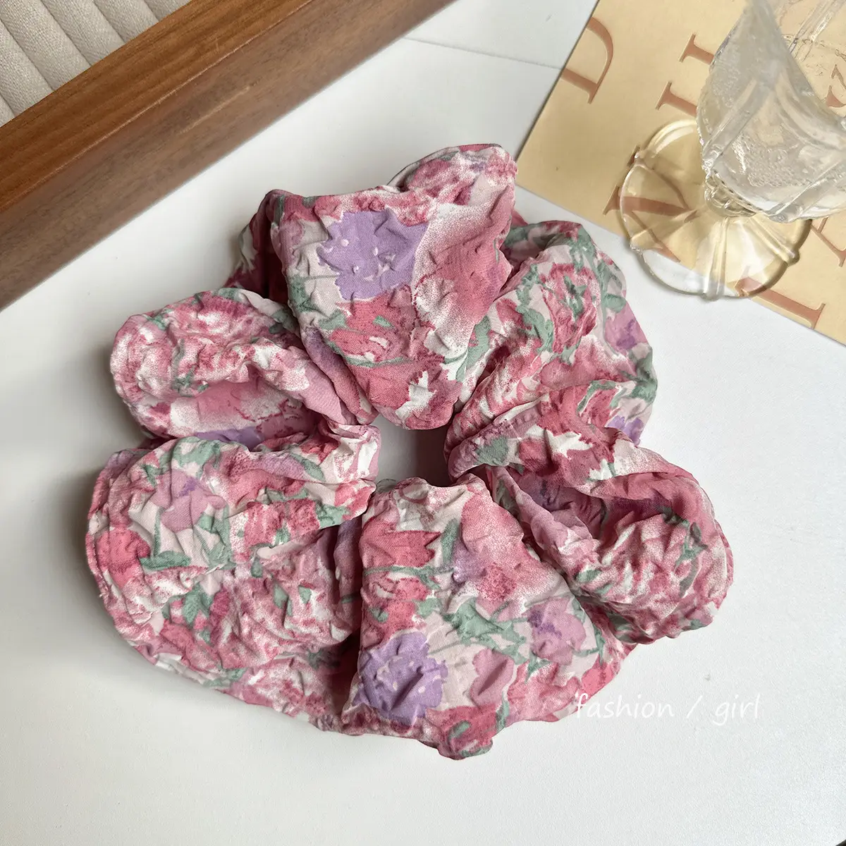 2023 New French Romantic Pink Floral Large Intestine Hair Ring Female Mori High-end Feeling Large Meatball Head — feature 15