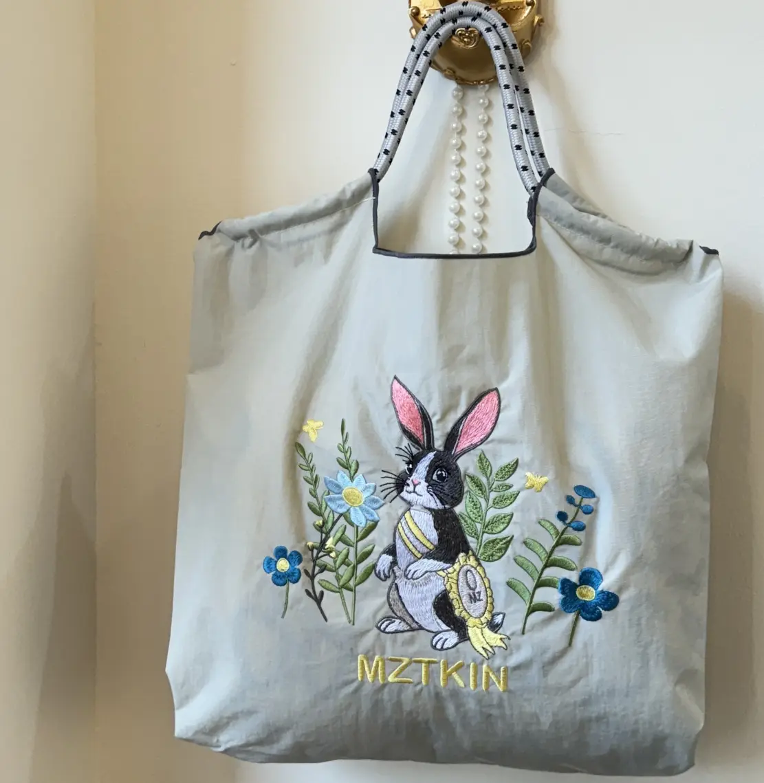 Korean Style Rabbit Embroidered Tote Bag Navy Blue Large Capacity - Image 24