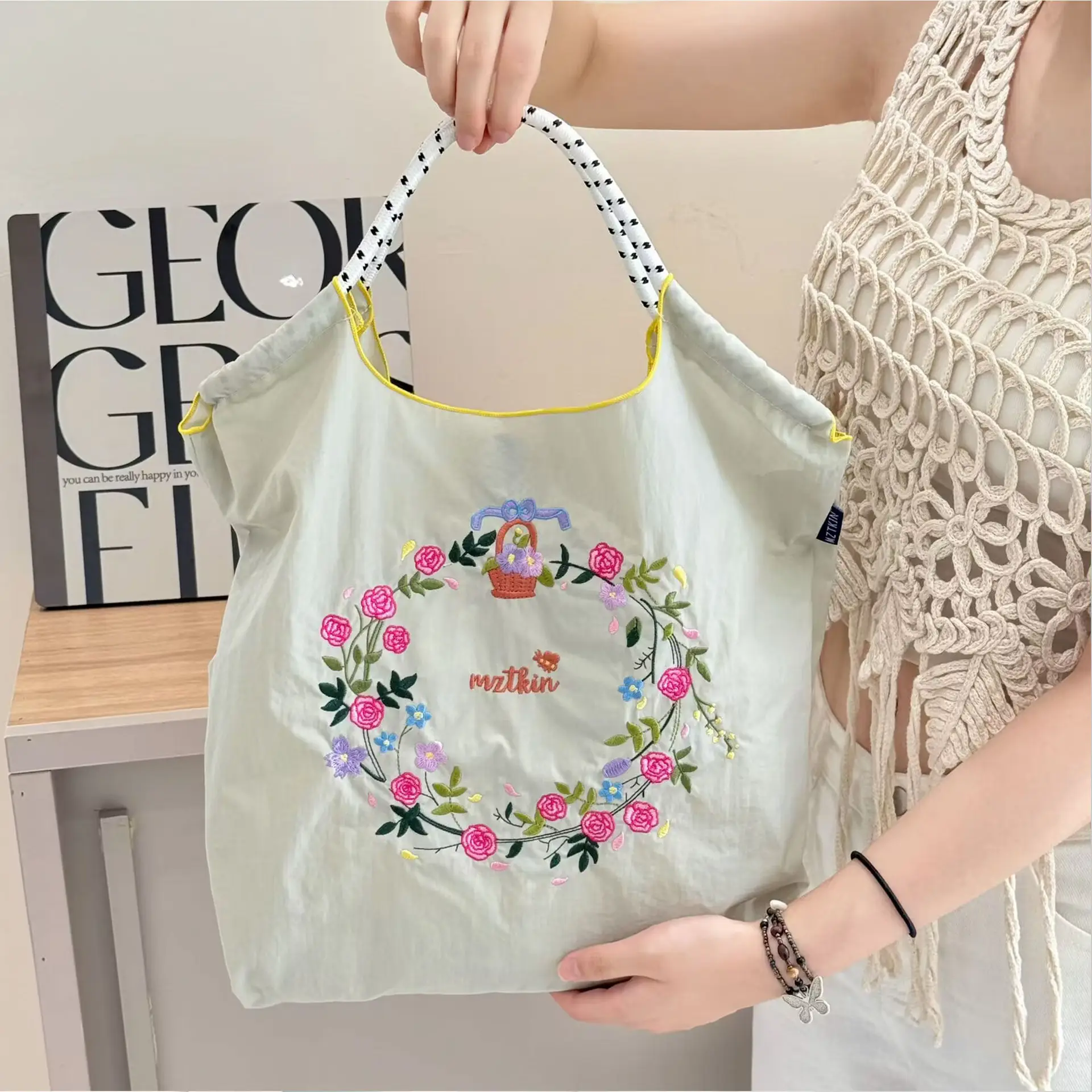 Korean Style Rabbit Embroidered Tote Bag Navy Blue Large Capacity - Image 29