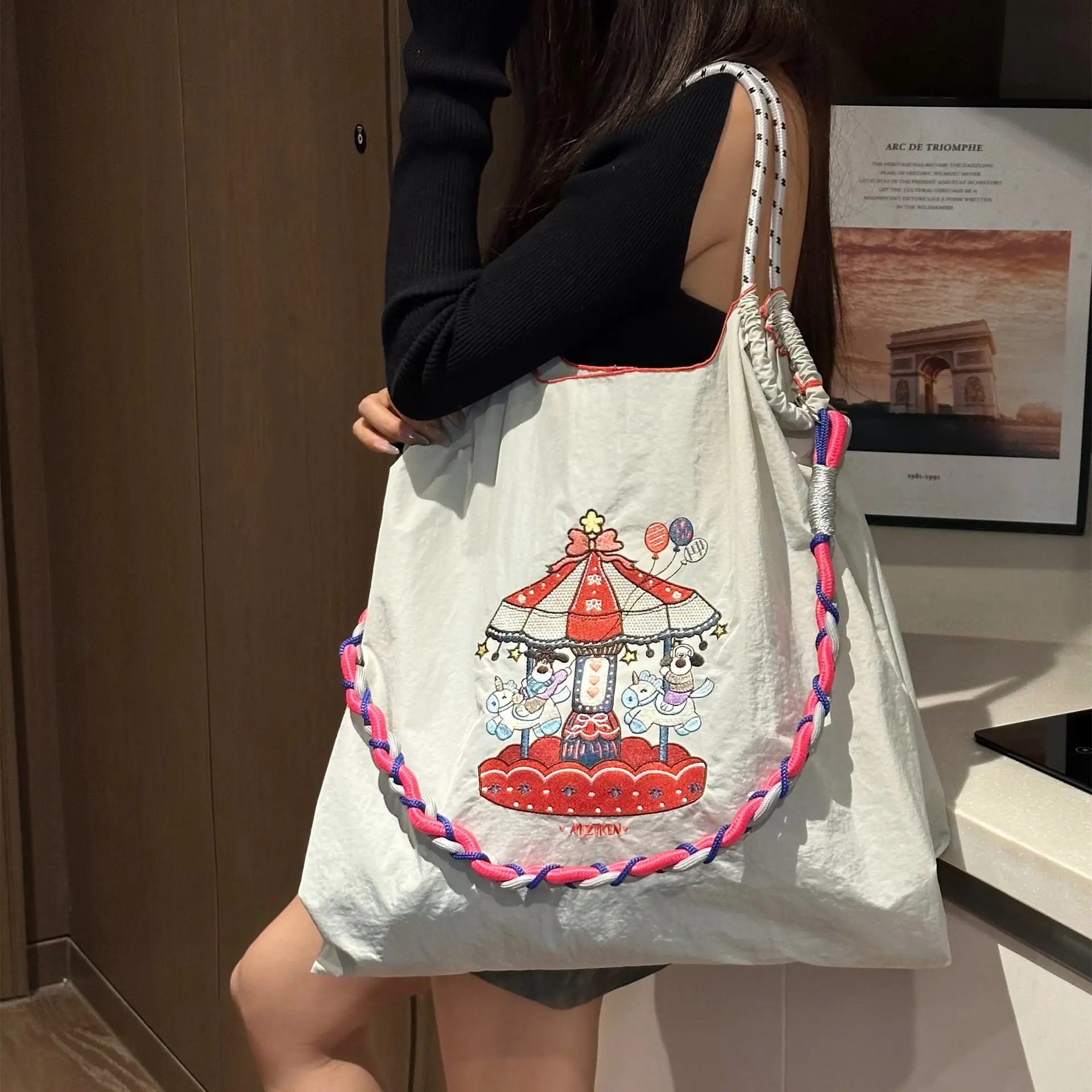 Korean Style Rabbit Embroidered Tote Bag Navy Blue Large Capacity - Image 34