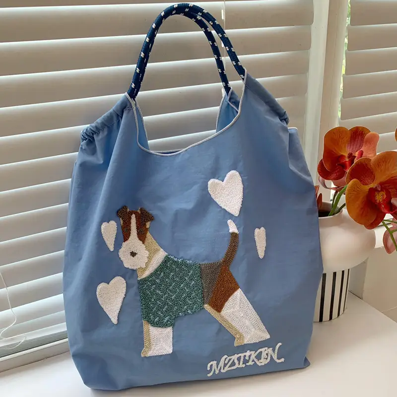 Korean Style Rabbit Embroidered Tote Bag Navy Blue Large Capacity - Image 40