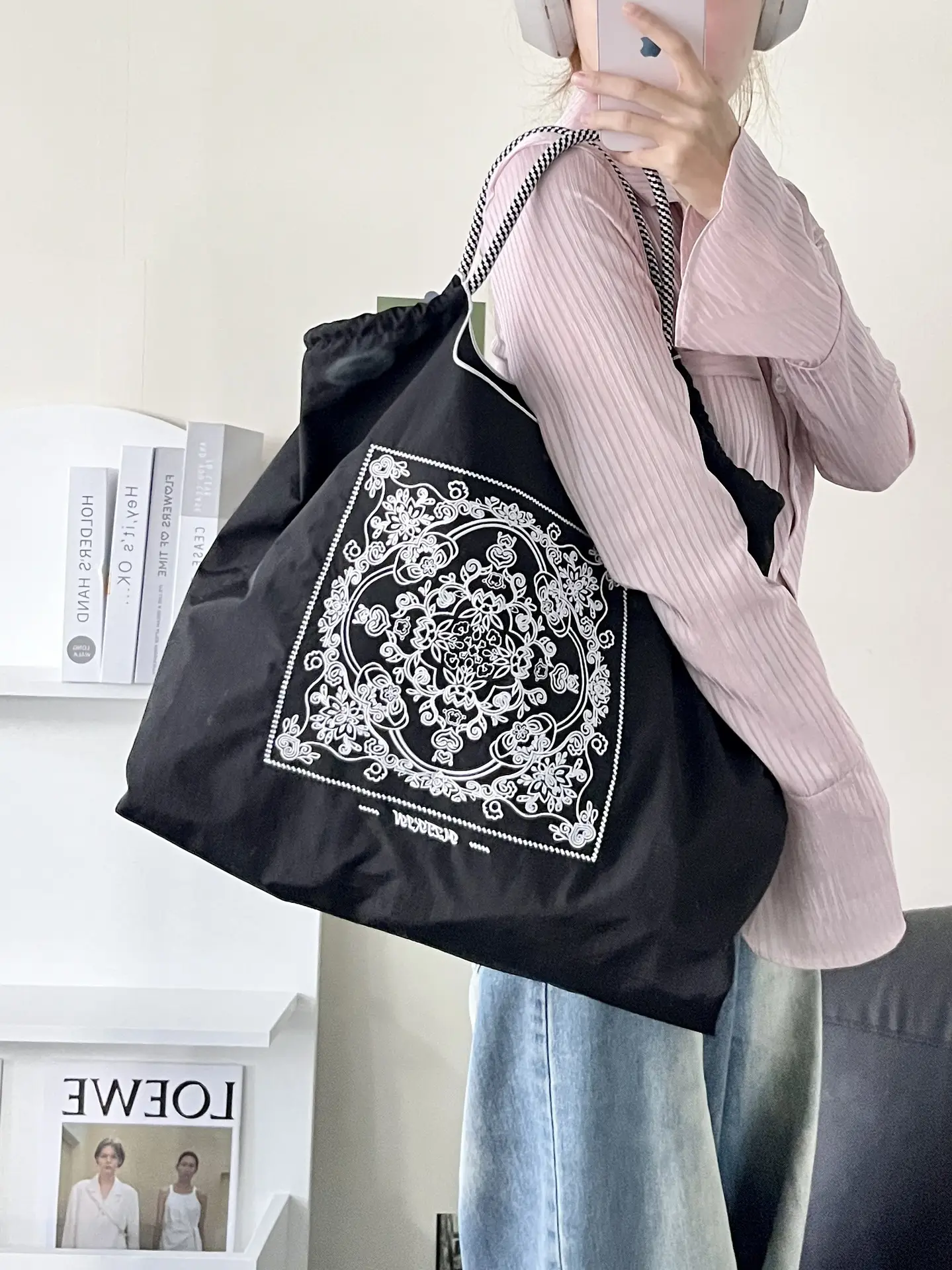 Korean Style Rabbit Embroidered Tote Bag Navy Blue Large Capacity - Image 46