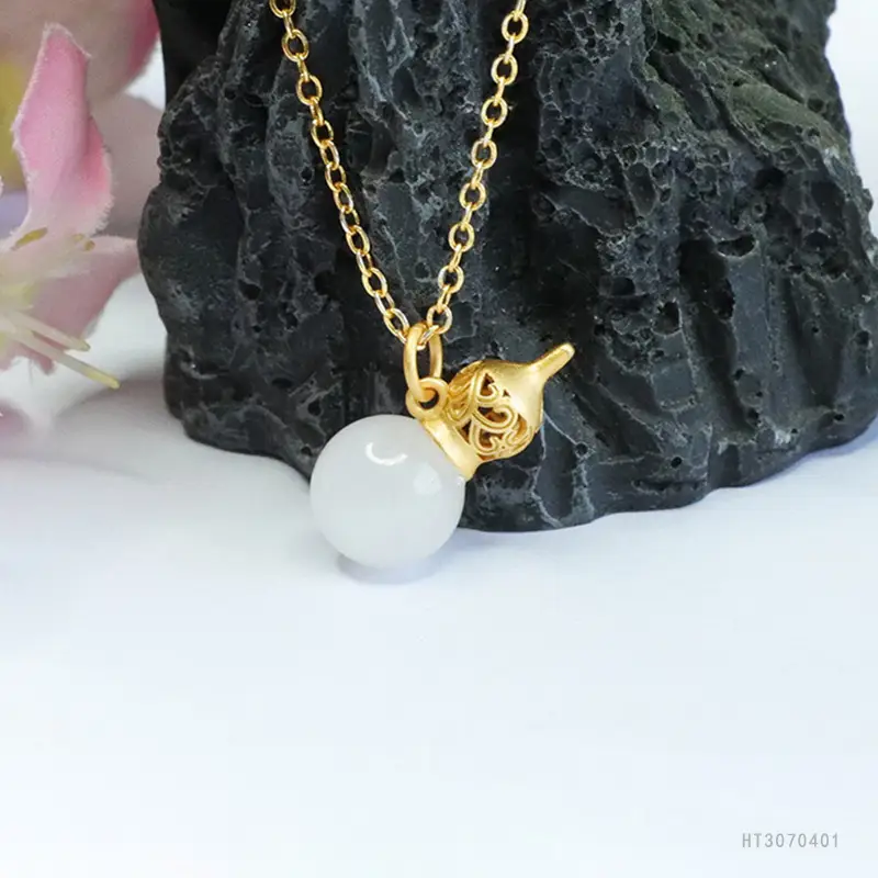 White Jade Gourd Pendant Necklace Gold Chain - Image 4