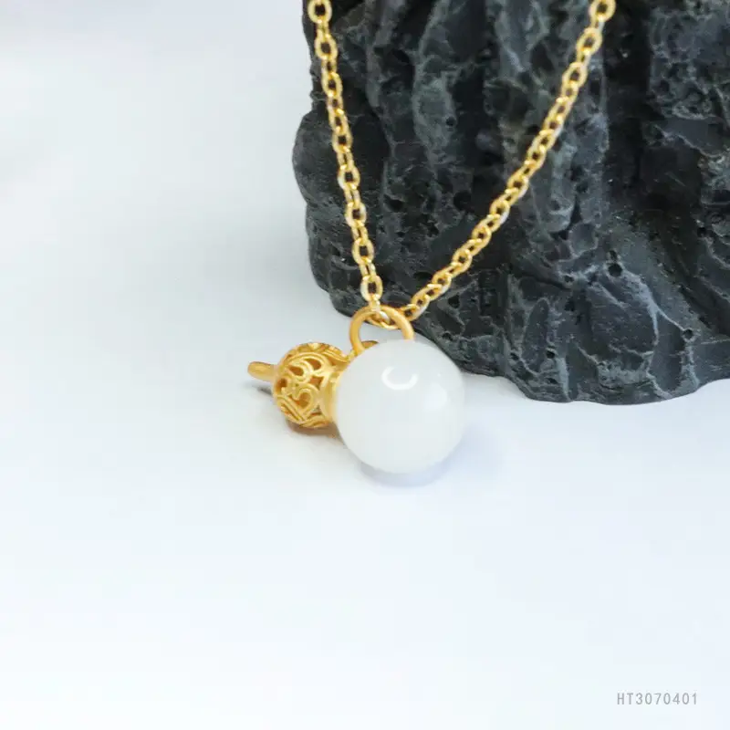 White Jade Gourd Pendant Necklace Gold Chain - Image 5