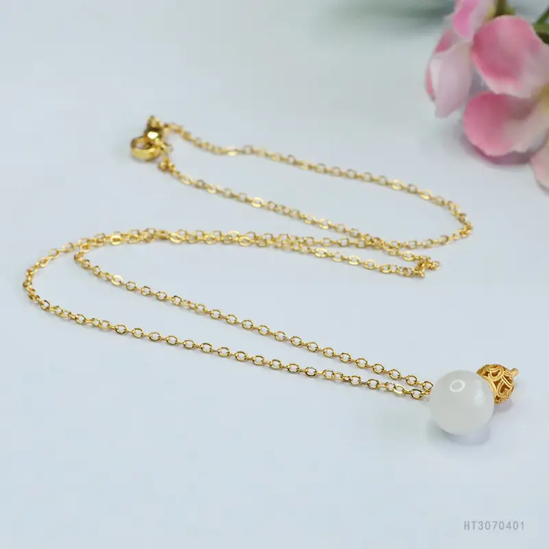 White Jade Gourd Pendant Necklace Gold Chain - Image 6