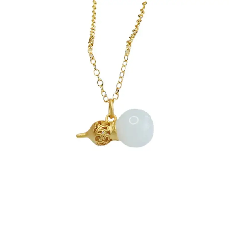White Jade Gourd Pendant Necklace Gold Chain - Image 7