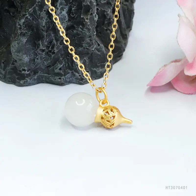 White Jade Gourd Pendant Necklace Gold Chain — feature 10