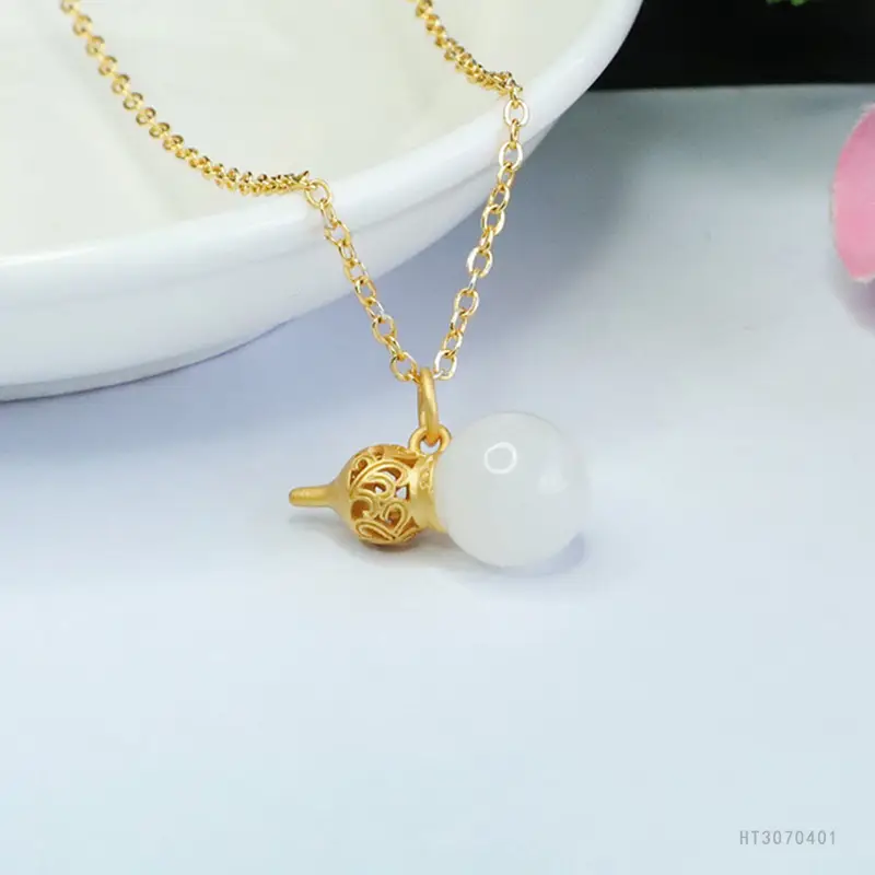 White Jade Gourd Pendant Necklace Gold Chain — feature 5