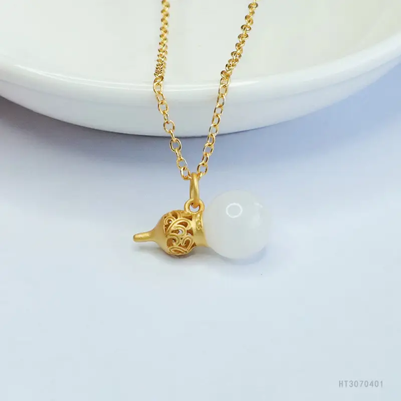 White Jade Gourd Pendant Necklace Gold Chain - Image 2