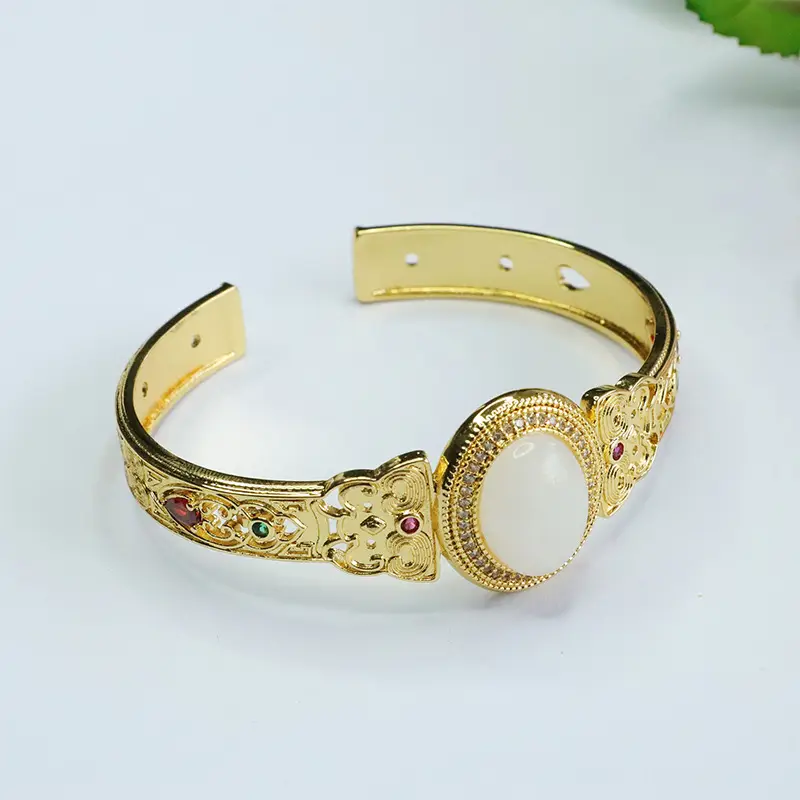 White Jade Open Bracelet Gold Plated