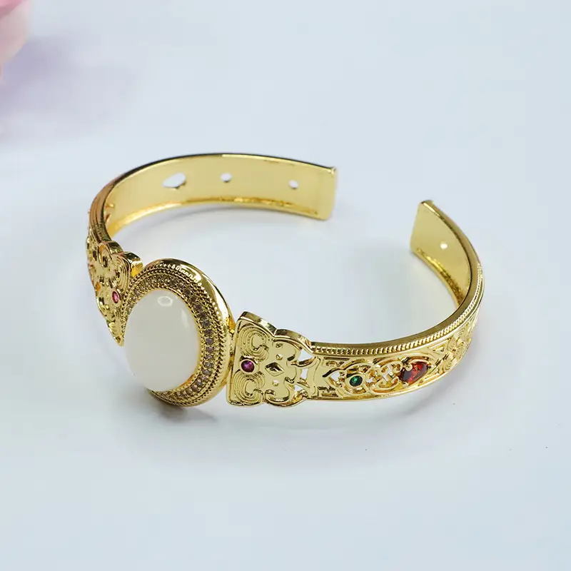 White Jade Open Bracelet Gold Plated