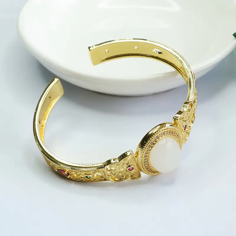 White Jade Open Bracelet Gold Plated
