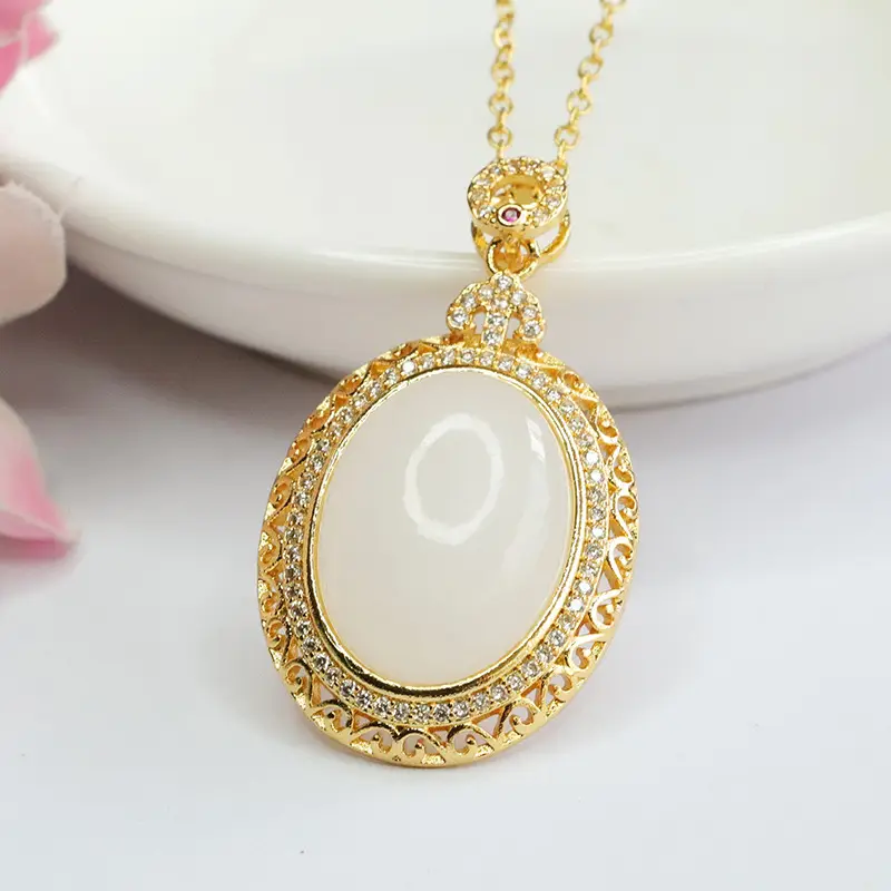 White Jade Pendant Necklace with Gold Plated Design - Image 3