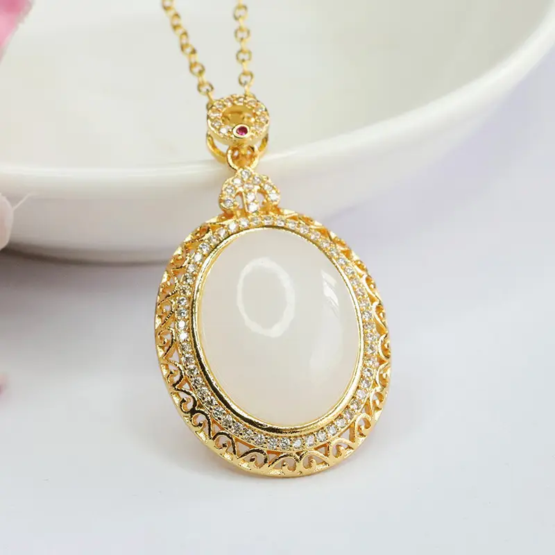 White Jade Pendant Necklace with Gold Plated Design - Image 4