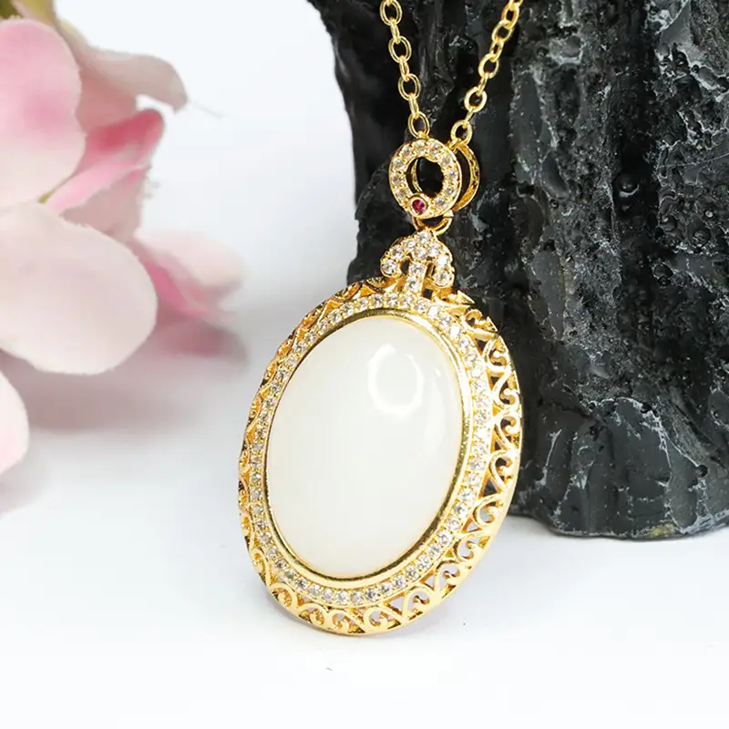 White Jade Pendant Necklace with Gold Plated Design - Image 5