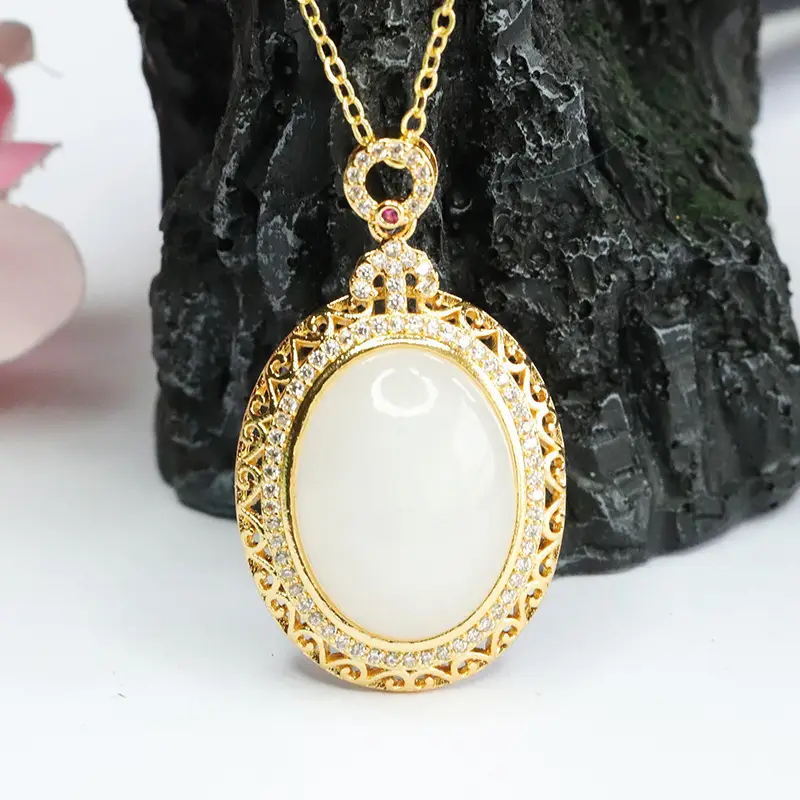 White Jade Pendant Necklace with Gold Plated Design — feature 7