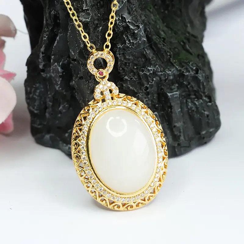 White Jade Pendant Necklace with Gold Plated Design — feature 9